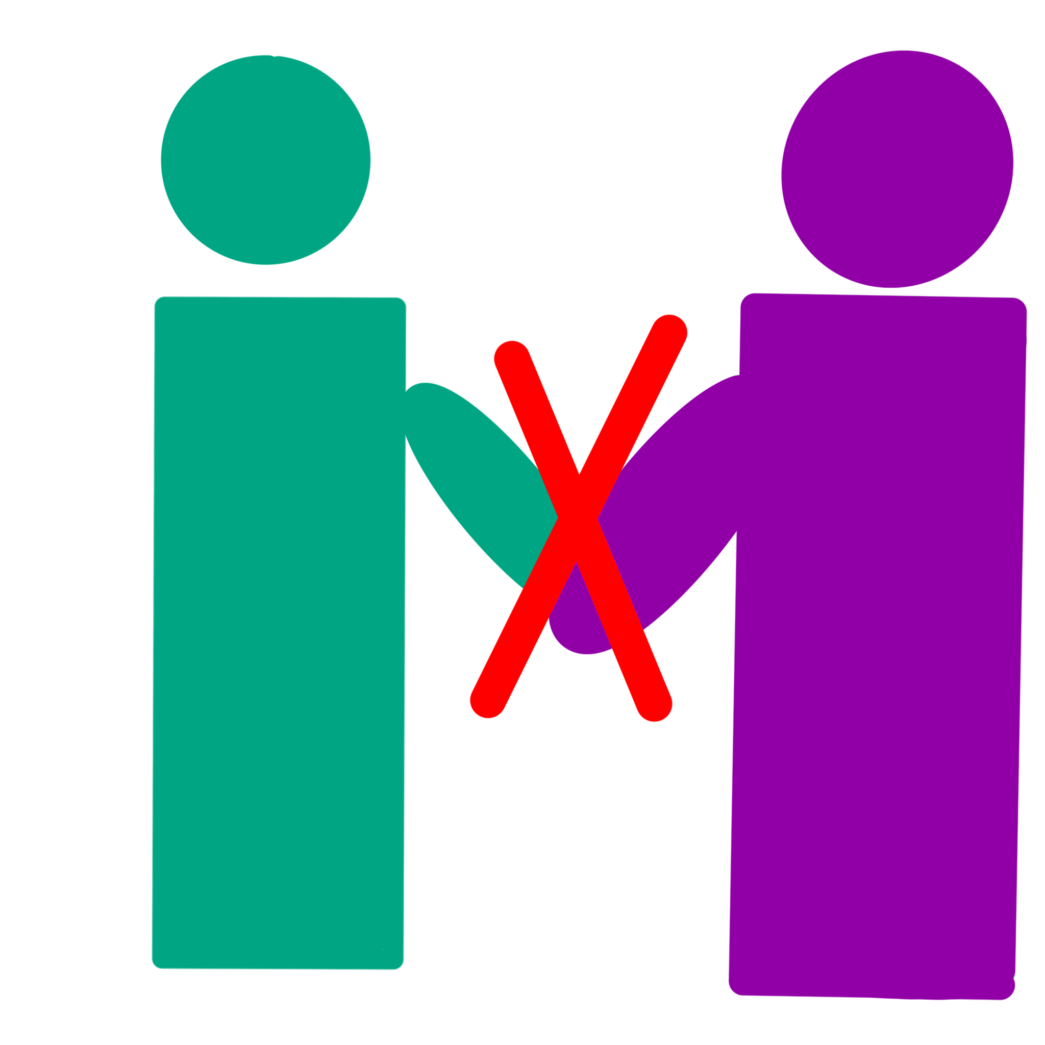 A drawing of two very simple people shaking hands, over their hands is a big red X. One of the people is green and one is purple, they have rectangles for bodies circles for head and ovals to represent arms.